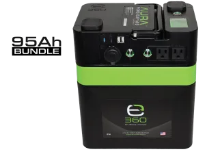 Introducing the ultimate adventure bundle, featuring the 95Ah Group 24 LiFePO4 Deep Cycle Battery and the Aura Powercap 600W Inverter. This bundle is engineered to fuel your adventurous lifestyle! Our e360 LiFePO4 battery chemistry ensures reliable power where ever the path or road may lead you. Coupled with the Aura Powercap 600W pure sine wave inverter, this bundle allows you to power your 120V AC appliances and sensitive electronics with ease. The 12 Volt 10 Amp power port allows you to run lighting, coolers, fans, and other 12V appliances. The one PD, one USB-C, and two USB-A charge ports provide ample charging options for your smartphones, cameras, tablets, drones, and other portable electronic devices. Charge the battery using the included 7 Amp household charger, or opt for the flexibility of remote charging with the E360 PORTABLE POWER BUNDLE (sold separately). Charge, power, and explore with peace of mind knowing you have a robust and long-lasting power solution from Expion360.