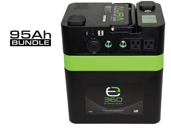 Introducing the ultimate adventure bundle, featuring the 95Ah Group 24 LiFePO4 Deep Cycle Battery and the Aura Powercap 600W Inverter. This bundle is engineered to fuel your adventurous lifestyle! Our e360 LiFePO4 battery chemistry ensures reliable power where ever the path or road may lead you. Coupled with the Aura Powercap 600W pure sine wave inverter, this bundle allows you to power your 120V AC appliances and sensitive electronics with ease. The 12 Volt 10 Amp power port allows you to run lighting, coolers, fans, and other 12V appliances. The one PD, one USB-C, and two USB-A charge ports provide ample charging options for your smartphones, cameras, tablets, drones, and other portable electronic devices. Charge the battery using the included 7 Amp household charger, or opt for the flexibility of remote charging with the E360 PORTABLE POWER BUNDLE (sold separately). Charge, power, and explore with peace of mind knowing you have a robust and long-lasting power solution from Expion360.