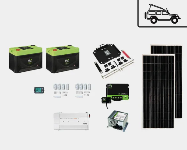 The E360 Overland 200 Ah Power Bundle includes two E360 100 Ah LiFePO4 batteries with a dual battery tie-down tray system to combine, mount, and secure the batteries.